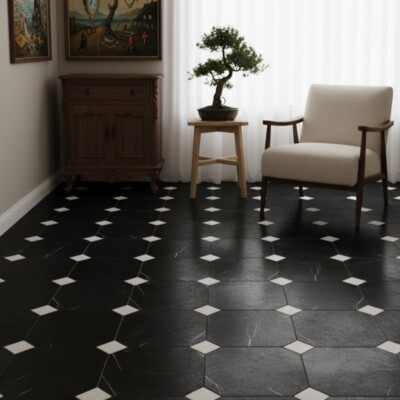 Black, Glacier Tumbled  Marble Tile 16×16 (TL21022)