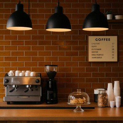 Glossy brown thin brick tile wall in a modern café style interior by Country Floors