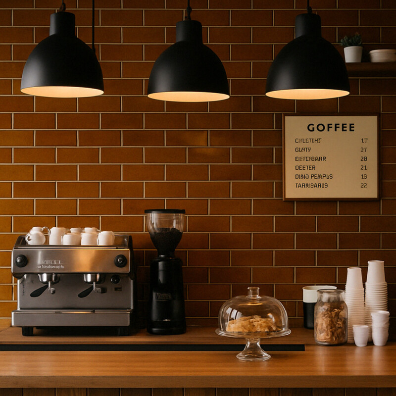 Glossy brown thin brick tile wall in a modern café style interior by Country Floors