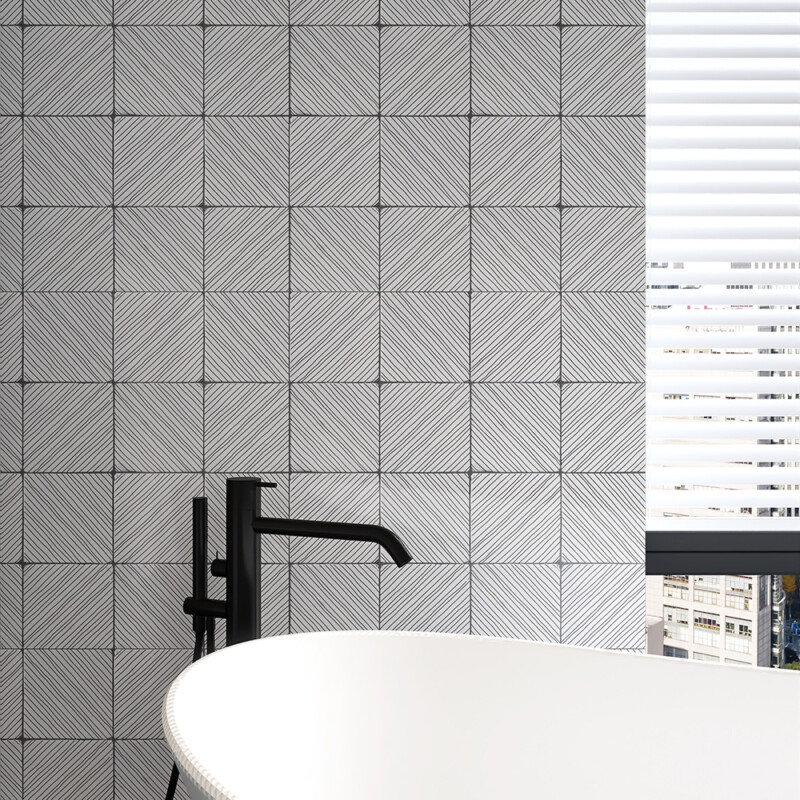 Zuni patterned terracotta tile wall in a minimalist bathroom setting by Country Floors