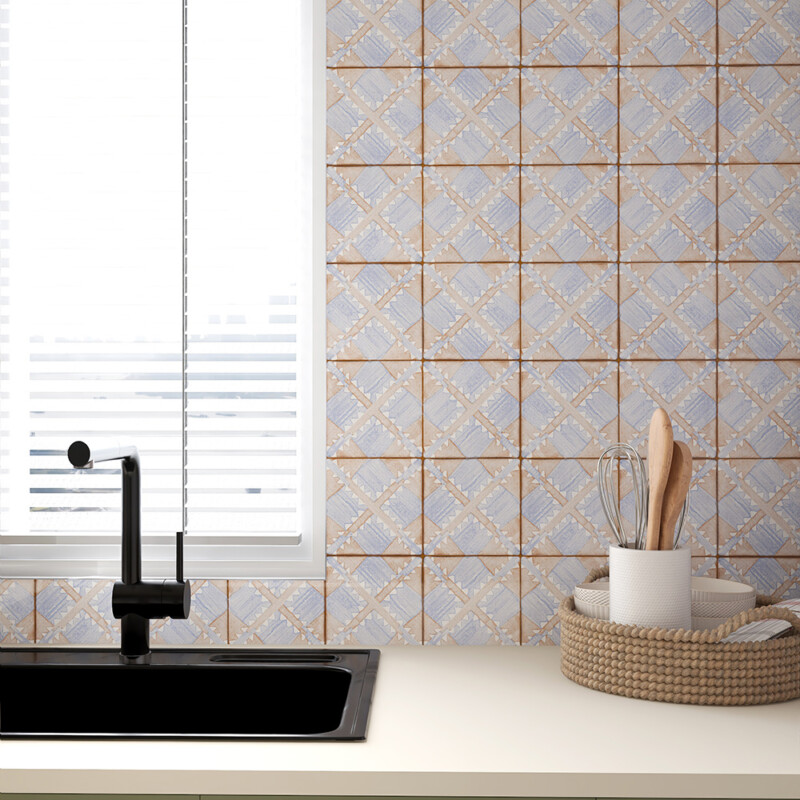 Vintage Linen Manta glossy glazed terracotta tile with woven blue pattern by Country Floors
