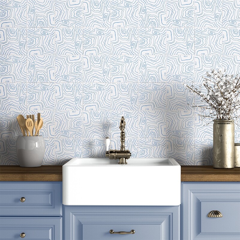 Blue and white graphic modern kitchen backsplash tile