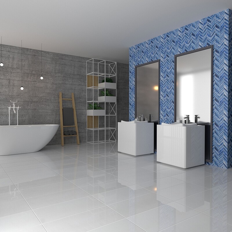 Mist Matte Chevron Ceramic Tile 2×6 (TL80444) Aspen White Polished Marble Tile 12×24 (TL16765)