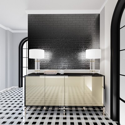 Gallery Platinum Glossy Terracotta Tile 2 9/16×8 7/16 (TL80458) Britannia Light, Snow White, Black Honed 2×2 Limestone Mosaic 12×12 (MS01715)