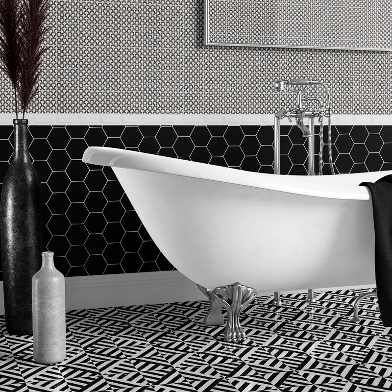 Kuro Matte Seigaiha Ceramic Tile 6×6 (TL80503) Black, Snow White Honed Ponte Marble Mosaic 14 5/16×14 5/16 (MS01928) Black Glossy Hexagon 5 Ceramic Tile 5 (DC00357) Snow Glossy Ennis Ceramic Wall Decos 3×6 (WST40109)