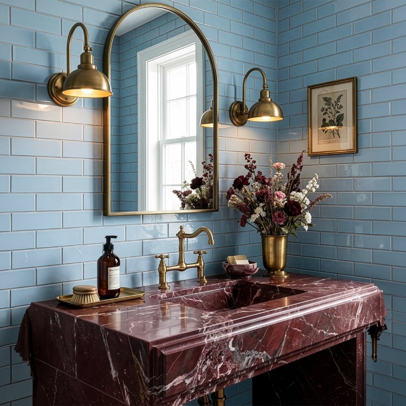 Brooklyn Glossy Thin Brick Tiles 2 1/4×7 7/8 (TL80563), Rosso Levanto Polished Marble Slab Random (SL90719)