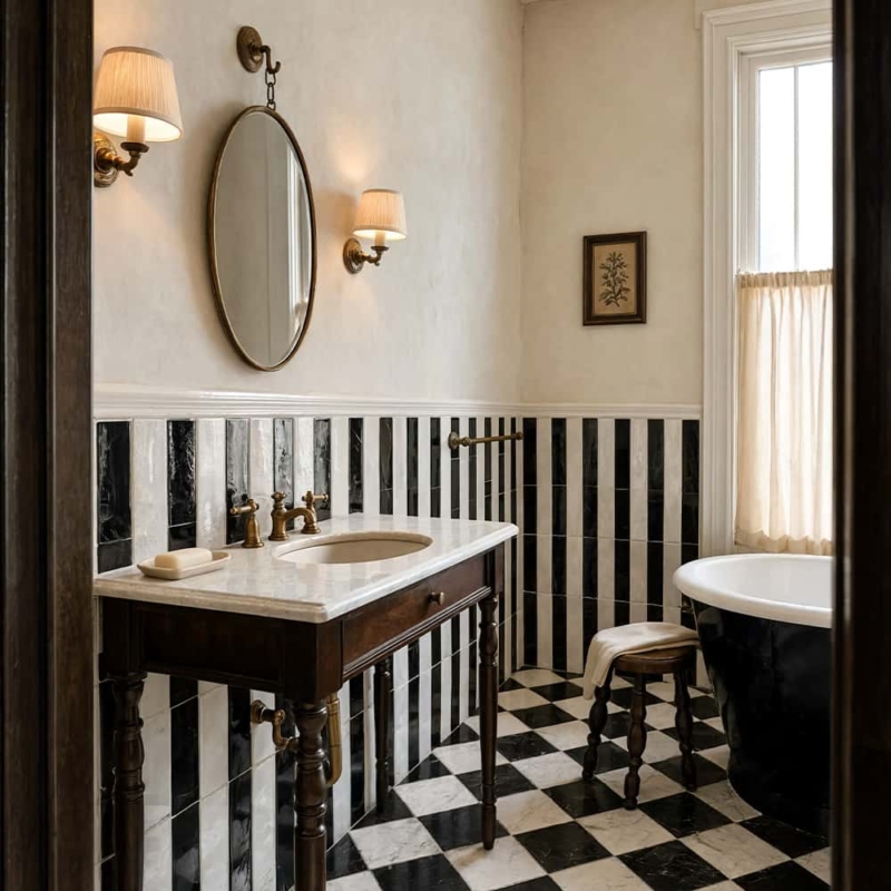 Striped bathroom with black and white rectangular tiles. Black Glossy Thin Brick Tiles 2 1/4×7 7/8 (TL80565), Royal White Glossy Thin Brick Tiles 2 1/4×7 7/8 (TL80564)