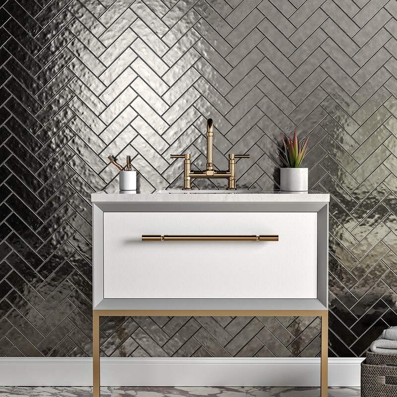 Steel gun metal gray glossy terracotta tile bathroom wall vanity backsplash