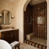 Striped Bathroom with olive green and burgundy tiles. Seaweed Glossy Thin Brick Tiles 2 1/4×7 7/8 (TL80569), Hickory Glossy Thin Brick Tiles 2 1/4×7 7/8 (TL80570)