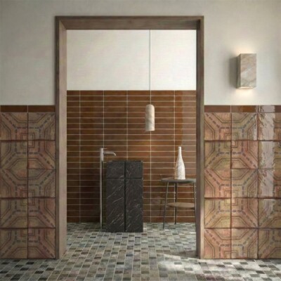 Hickory Glossy Glazed Terracotta Tiles 2 1/4×7 7/8 (TL80570) Iris Black Honed Soho Marble Sink 20×20 (SN00280) Iris Black Textured 2×2 Marble Mosaics 12×12 (MS02006) Masaccio Glossy Glazed Terracotta Tiles 6×6 (TL80754)