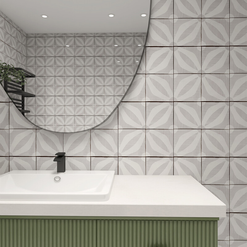 Dogwood patterned terracotta tile feature wall in a contemporary bathroom by Country Floors