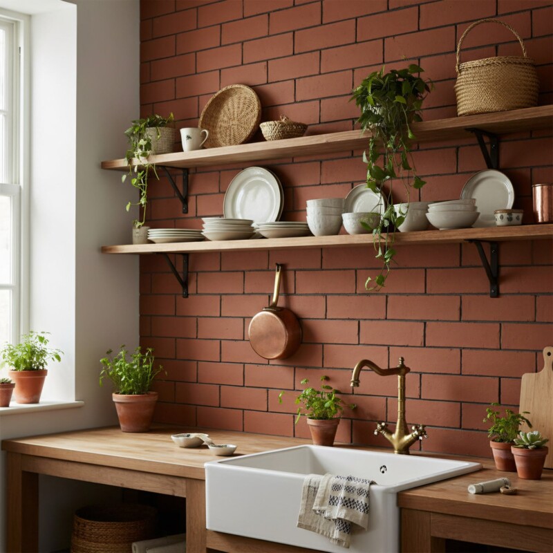 Hand Made matte terracotta tile brick backsplash in a rustic kitchen interior by Country Floors