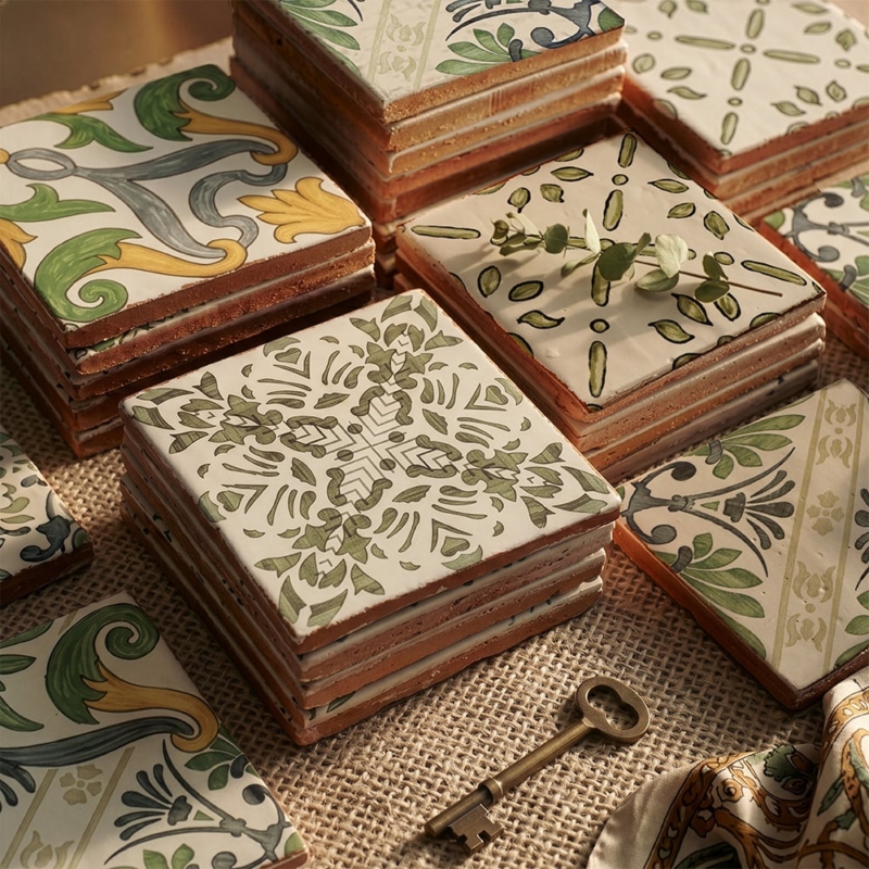Daphne Matte Glazed Terracotta Tiles 6×6 (TL80790), Lisbon Matte Glazed Terracotta Tiles 6×6 (TL80904), Tavira Matte Glazed Terracotta Tiles 6×6 (TL80909), Abode Matte Glazed Terracotta Tiles 6×6 (TL80915)