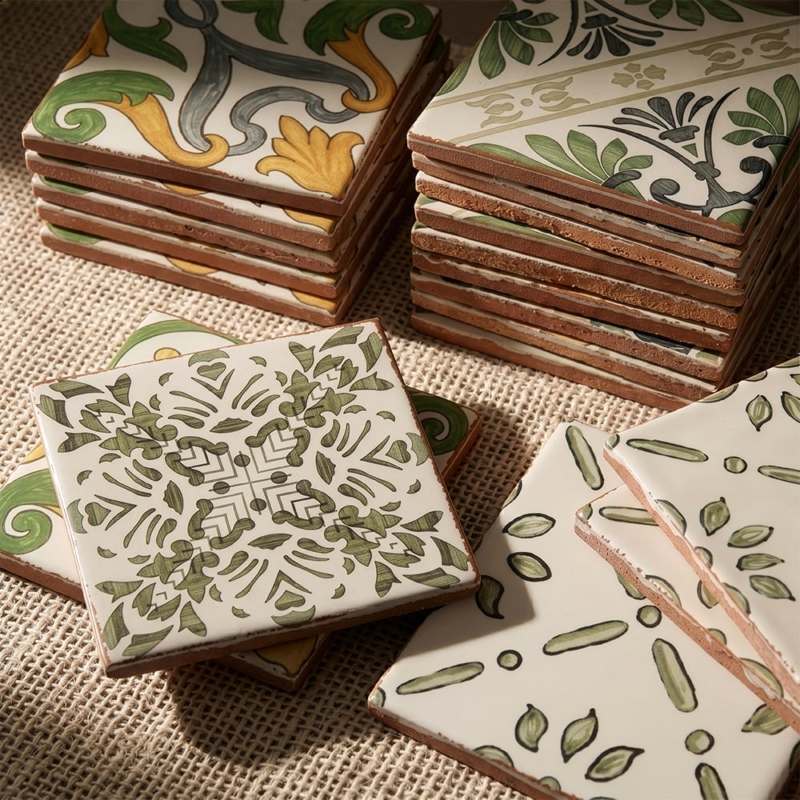 Daphne Matte Glazed Terracotta Tiles 6×6 (TL80790), Lisbon Matte Glazed Terracotta Tiles 6×6 (TL80904), Tavira Matte Glazed Terracotta Tiles 6×6 (TL80909), Abode Matte Glazed Terracotta Tiles 6×6 (TL80915)