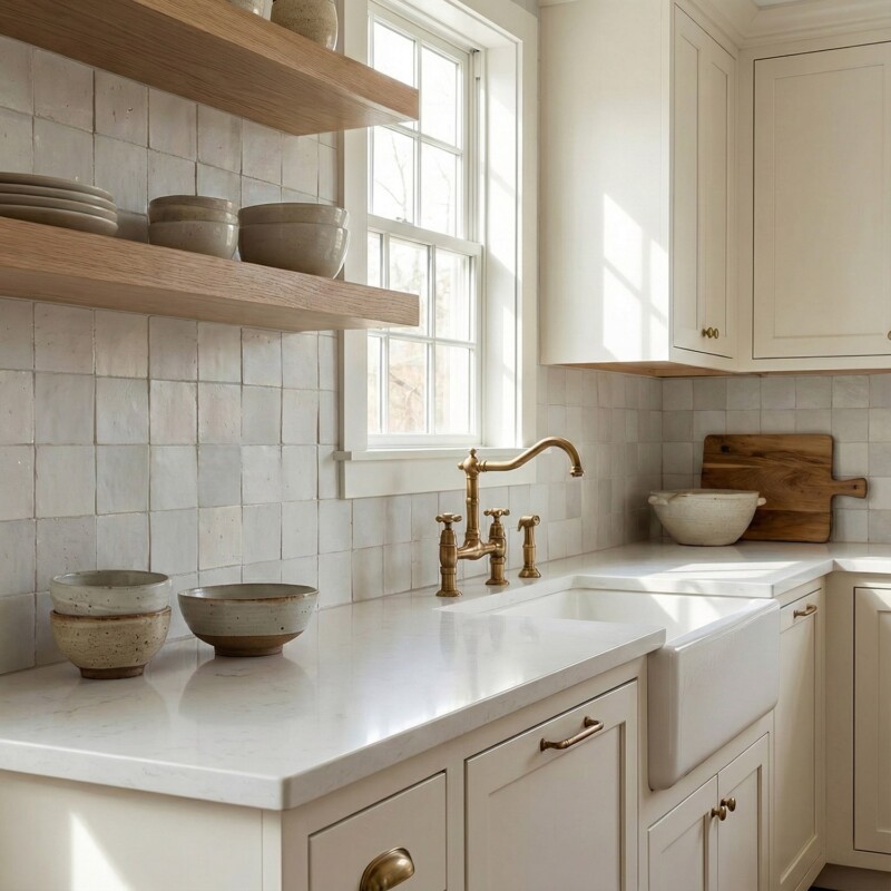 Matte zellige tile backsplash in warm neutral kitchen interior by Country Floors