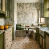 Spire Matte Glazed Terracotta Tiles 6×6 (TL80911), Calacatta Green Honed Thin Fluted Marble Accent Tiles 18×18 (ML01186)