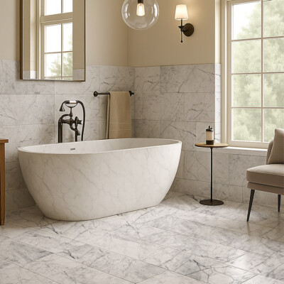 Luxury bathroom with carrara marble flooring and freestanding bathtub design by Country Floors