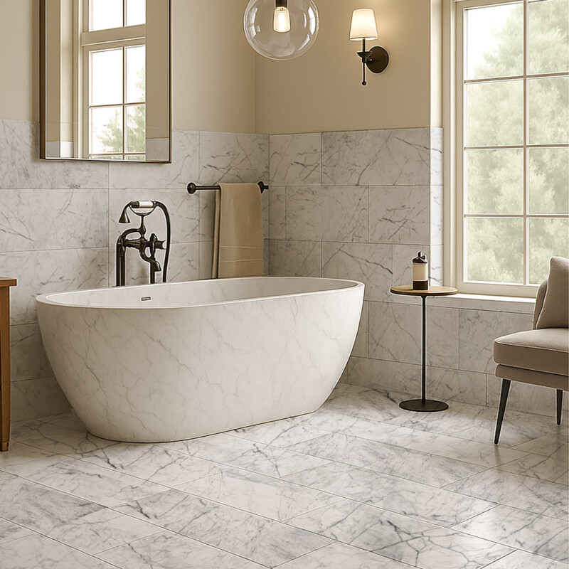 Luxury bathroom with carrara marble flooring and freestanding bathtub design by Country Floors