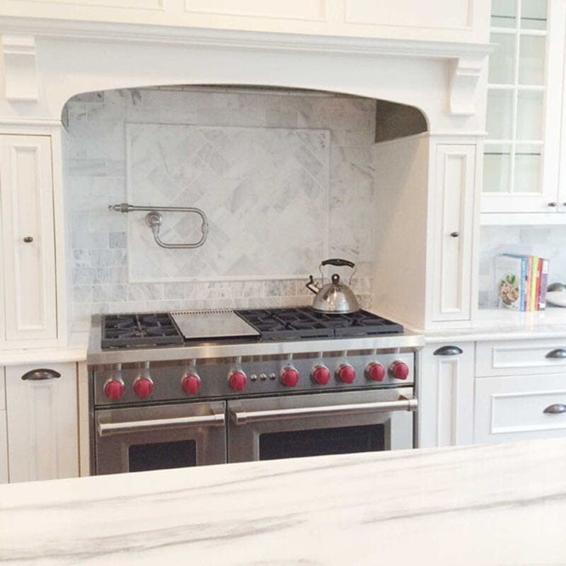 White Carrara C Polished Marble Tile 2 3/4×5 1/2 (TL90636) White Carrara C Polished Pencil Liner Marble Moldings 1/2×12 (ML90062)