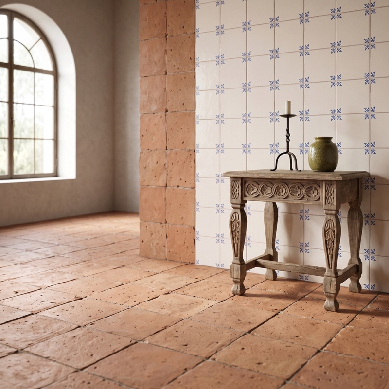Cotto Med Natural Square Terracotta Tiles 8×8 (TL90805), Garden Blanc Blue Glazed Ceramic Tiles 6×6 (WLV20542)