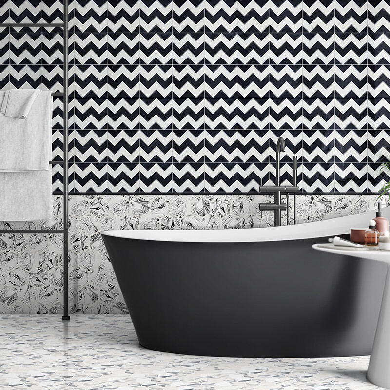 Chevron Honed Cement Tile 8×8 (TL90841) Haku Glossy Hexagon 5 Ceramic Tile 5 (TL80428) Calacatta Arabescato Polished Hexagon Marble Mosaic 10 3/8×12 (MS01724)