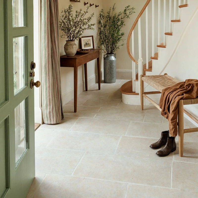 Minimal interior with brushed limestone flooring and contemporary furniture clean modern styling by Country Floors