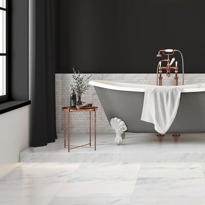 Calacatta Bella Honed Marble Tile 12×24 (TL91145) Calacatta Bella Polished Penny Round Marble Mosaic 11 1/2×11 1/2 (MS90341)