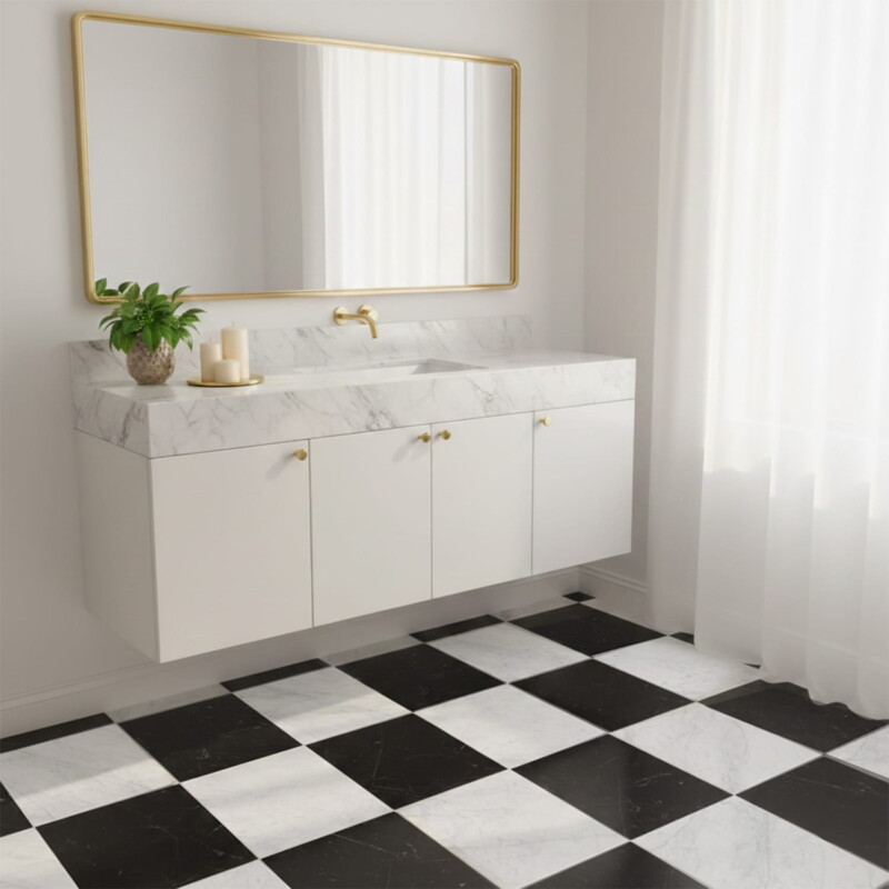 modern bathroom vanity space with black white checkerboard marble tile flooring by Country Floors