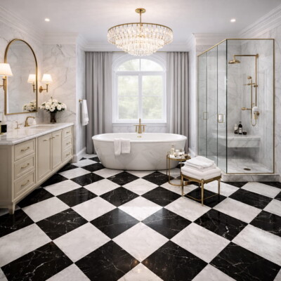 Elegante bagno con pavimento in marmo a scacchiera lucidato e lampadario di design firmato Country Floors.