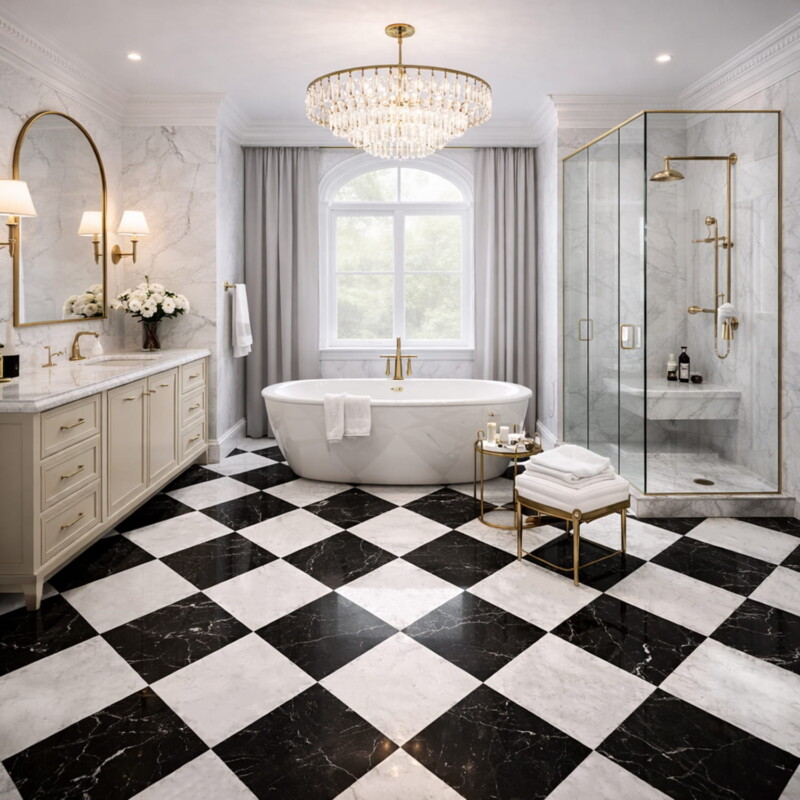 elegant bathroom with polished checkerboard marble floor and chandelier lighting detail by Country Floors