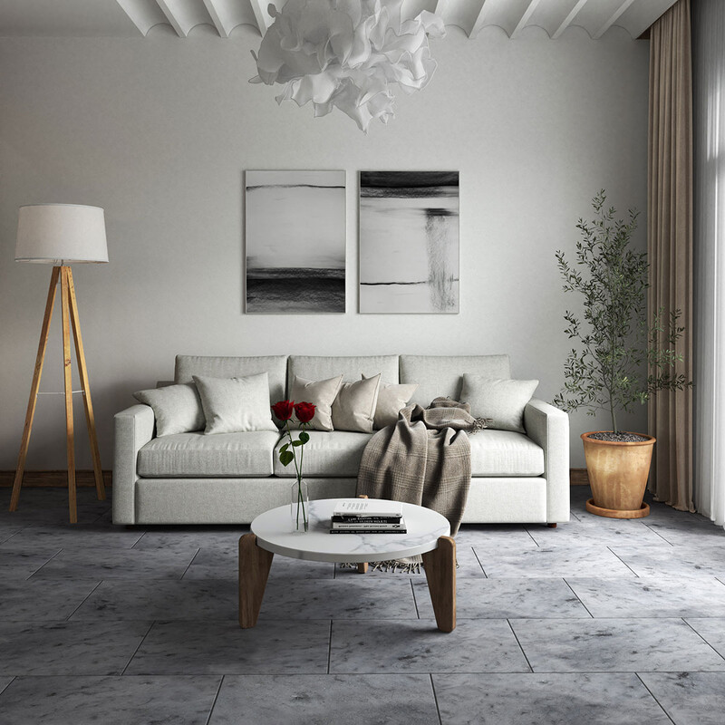 Contemporary living room with dark limestone flooring and minimalist modern decor by Country Floors