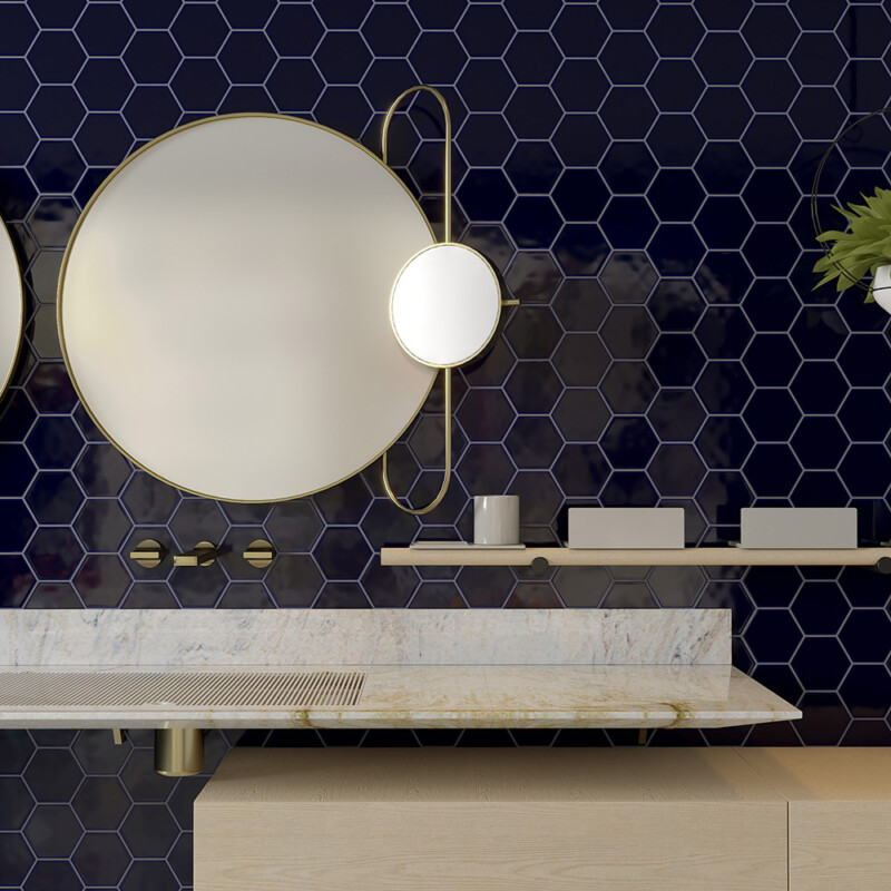 Blue glossy hexagon tile for luxury bathroom walls by Country Floors