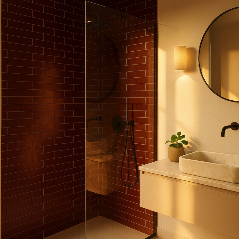 Vino Leather Subway Thin Brick Tile 2 1/4×7 9/16 (TL91339) Calacatta Amber Honed Oasis Marble Sink 18×22 (SN00219)
