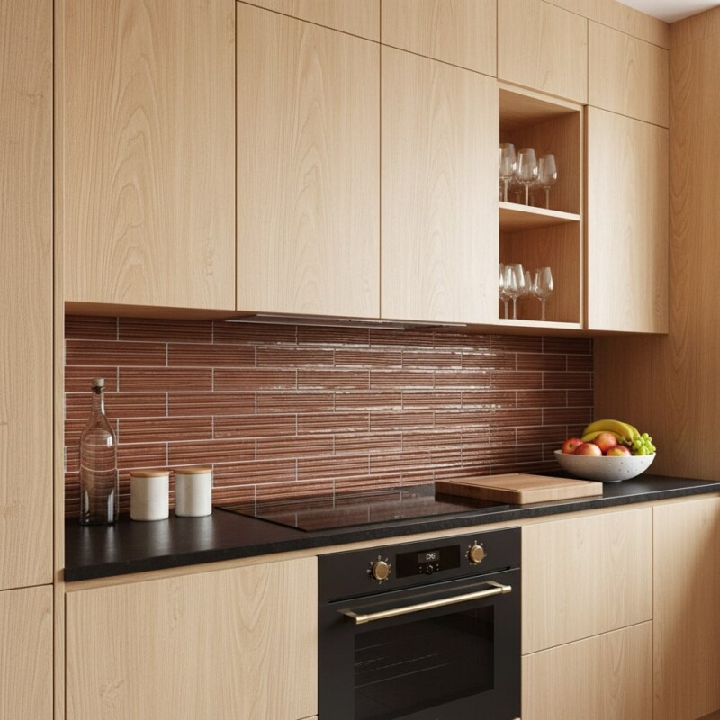Granada leather fluted thin brick tile backsplash in a modern wood kitchen by Country Floors