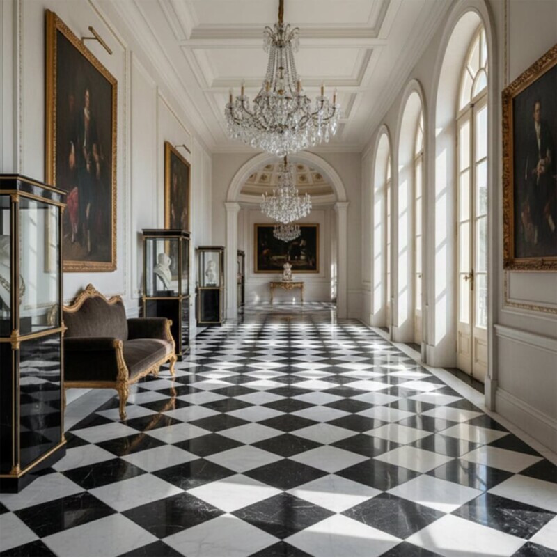 Bianco Dolomiti Classic, Black Honed Checkerboard Pattern Marble Tiles 18×18 (TL91360)