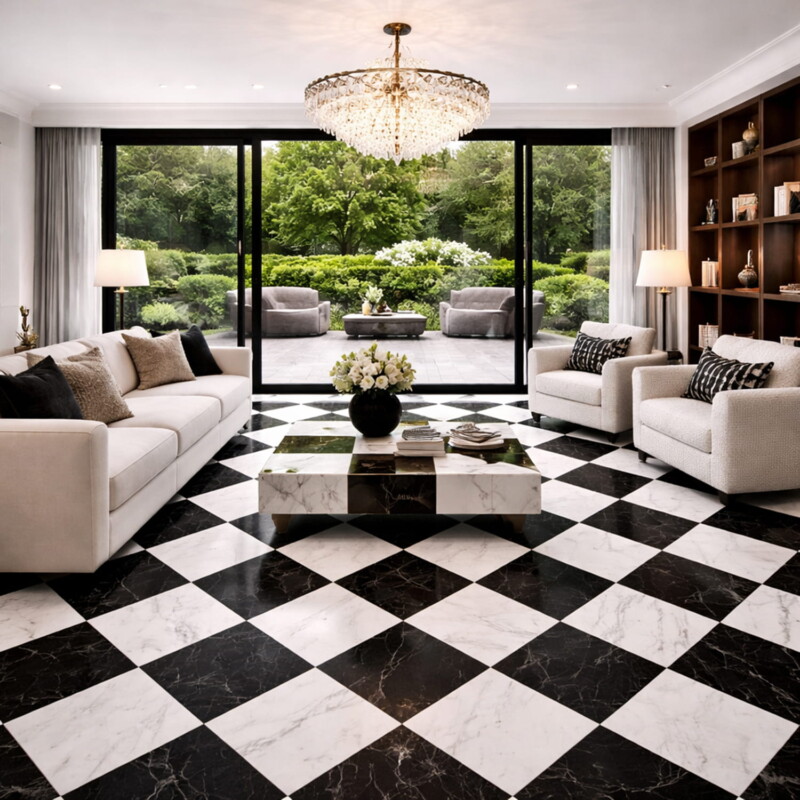 spacious living room with classic checkerboard marble floor and large glass windows by Country Floors