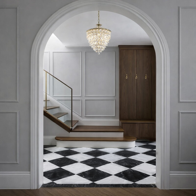 Avalon Black polished checkerboard marble tile reflective surface elegant flooring by Country Floors