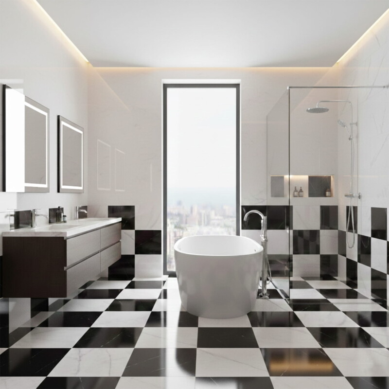 luxury bathroom interior with polished checkerboard marble flooring and freestanding bathtub by Country Floors
