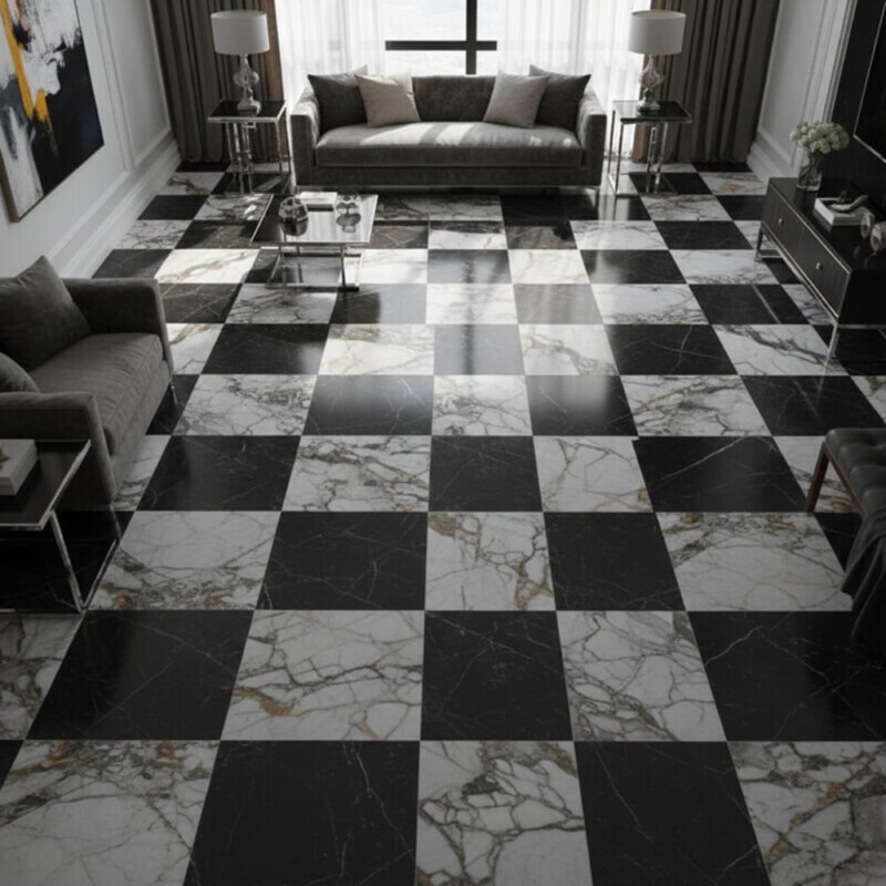 Azulejos de mármore Calacatta Picasso preto, com padrão xadrez polido, 18×18 (TL91363)