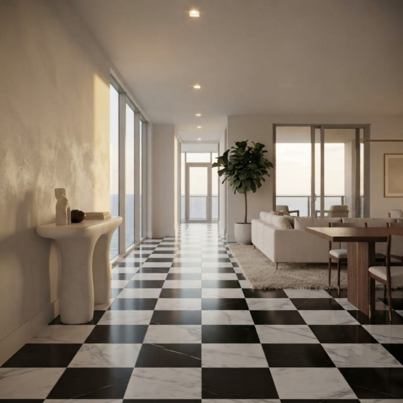 Black,Calacatta Bella Honed Checkerboard Pattern Marble Tiles 12×12 (TL91743)