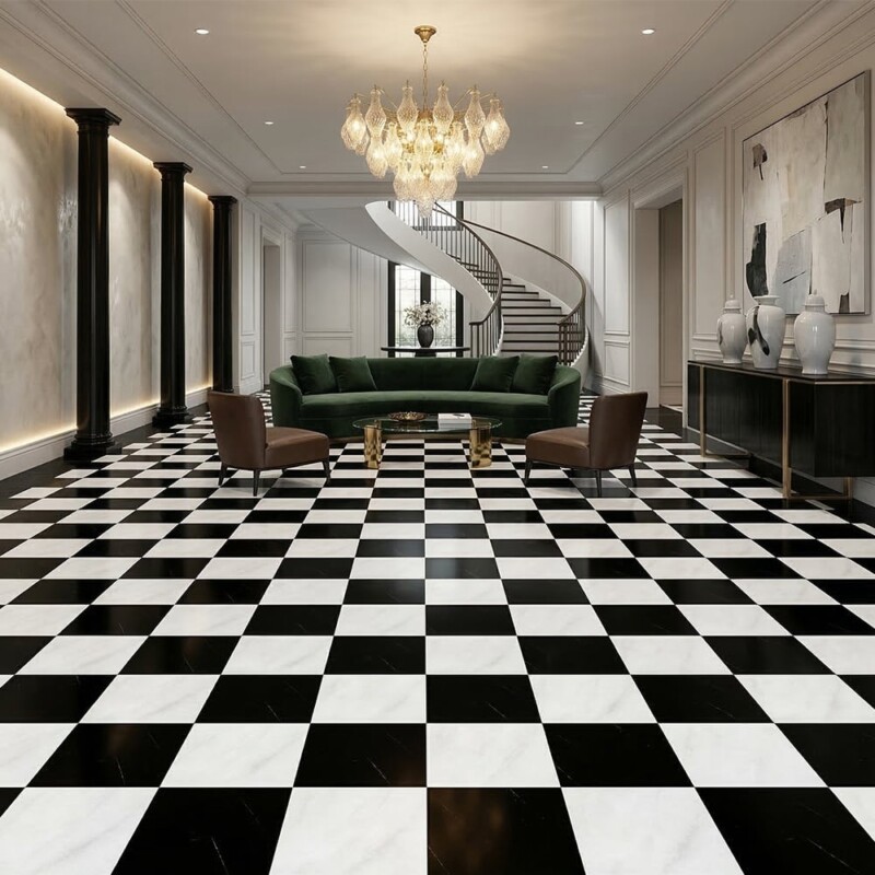 Avalon, Black Polished Checkerboard Pattern Marble Tiles 12×12 (TL91745)