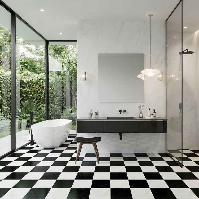 Avalon, Black Polished Checkerboard Pattern Marble Tiles 12×12 (TL91745)