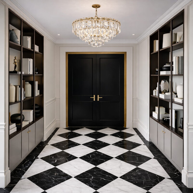 luxury hallway with checkerboard marble flooring and dramatic dark door design by Country Floors