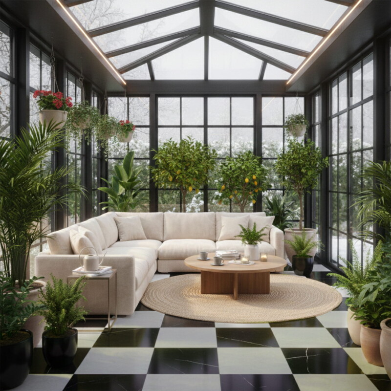 sunroom interior with green black checkerboard marble floor and indoor plants by Country Floors