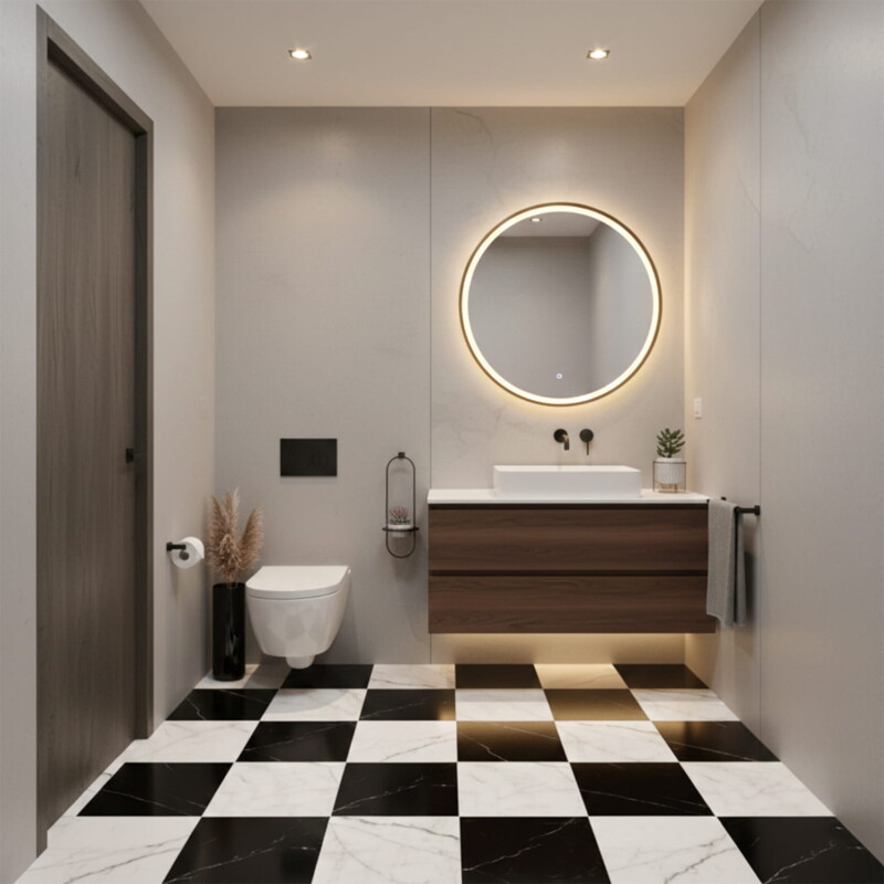 modern bathroom with checkerboard marble flooring and minimalist vanity design by Country Floors