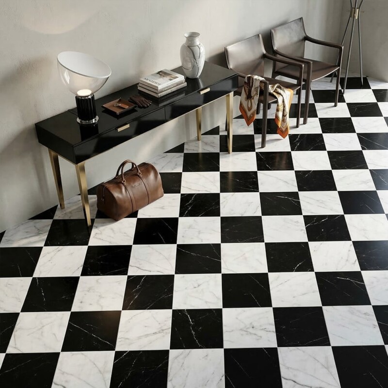 Black, White Carrara C Polished Checkerboard Pattern Marble Tiles 12×12 (TL91748)