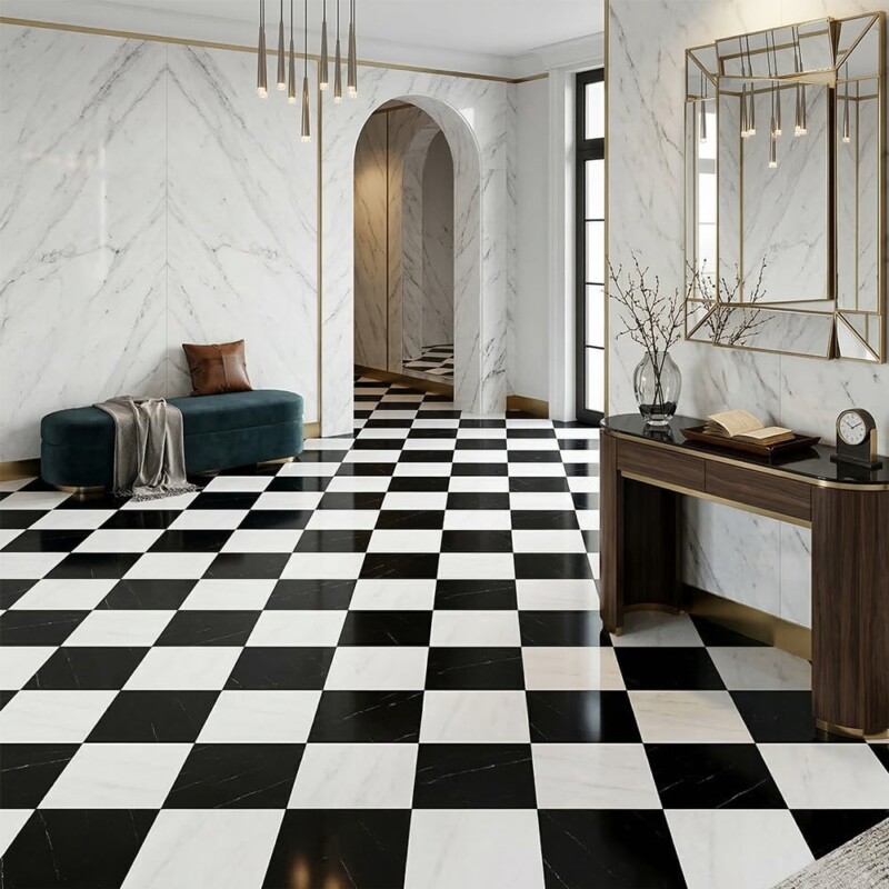 Azulejos de mármore Bianco Dolomiti Classic, preto polido com padrão xadrez, 12×12 (TL91749)