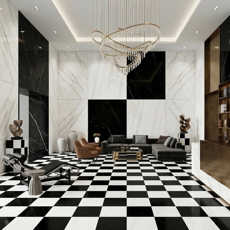 Azulejos de mármore Bianco Dolomiti Classic, preto polido com padrão xadrez, 12×12 (TL91749)
