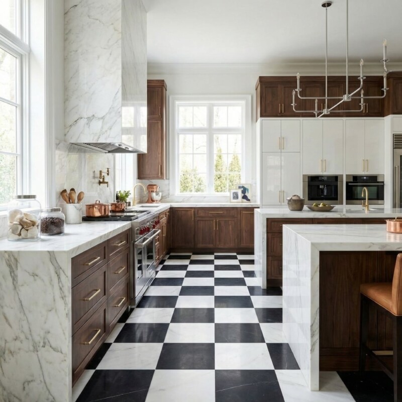 Black, Calacatta Bella Honed Checkerboard Pattern Marble Tiles 18×18 (TL91752)
