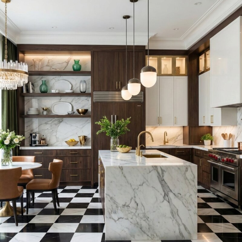 Black, Calacatta Bella Polished Checkerboard Pattern Marble Tiles 18×18 (TL91753)